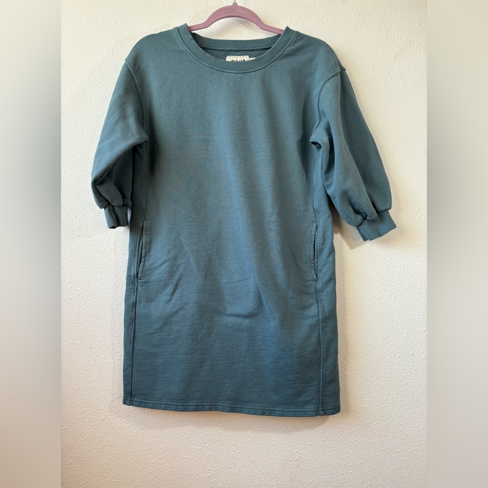 Pact Organic Cotton Essential Puff Sleeve Blue Sweater Dress Size Small